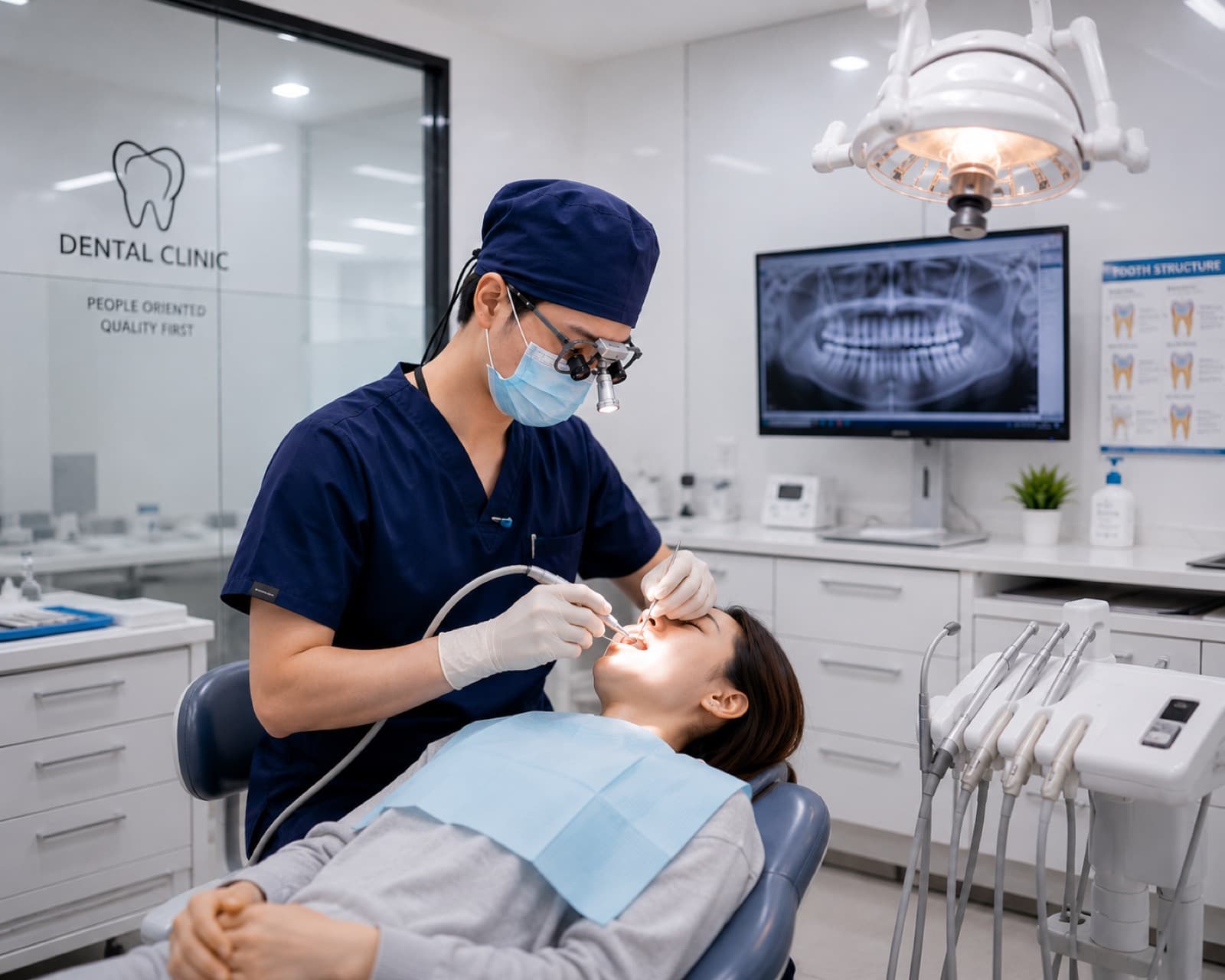 A dentist working with a headlight, the coaxial beam lighting the oral field
