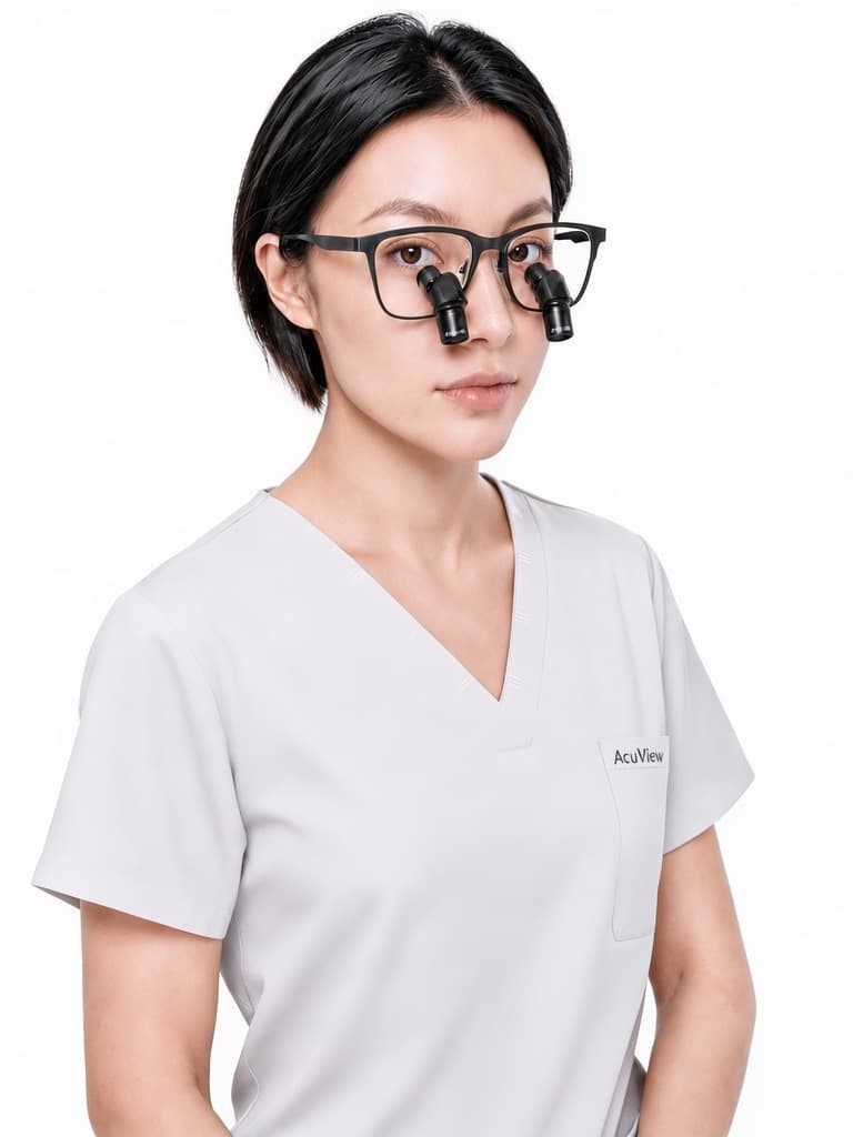 Dentist wearing AcuView Pro prismatic loupes in black