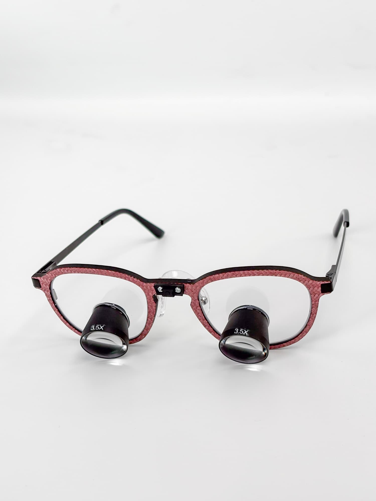 AcuView straight loupes in crimson red carbon fiber, front view
