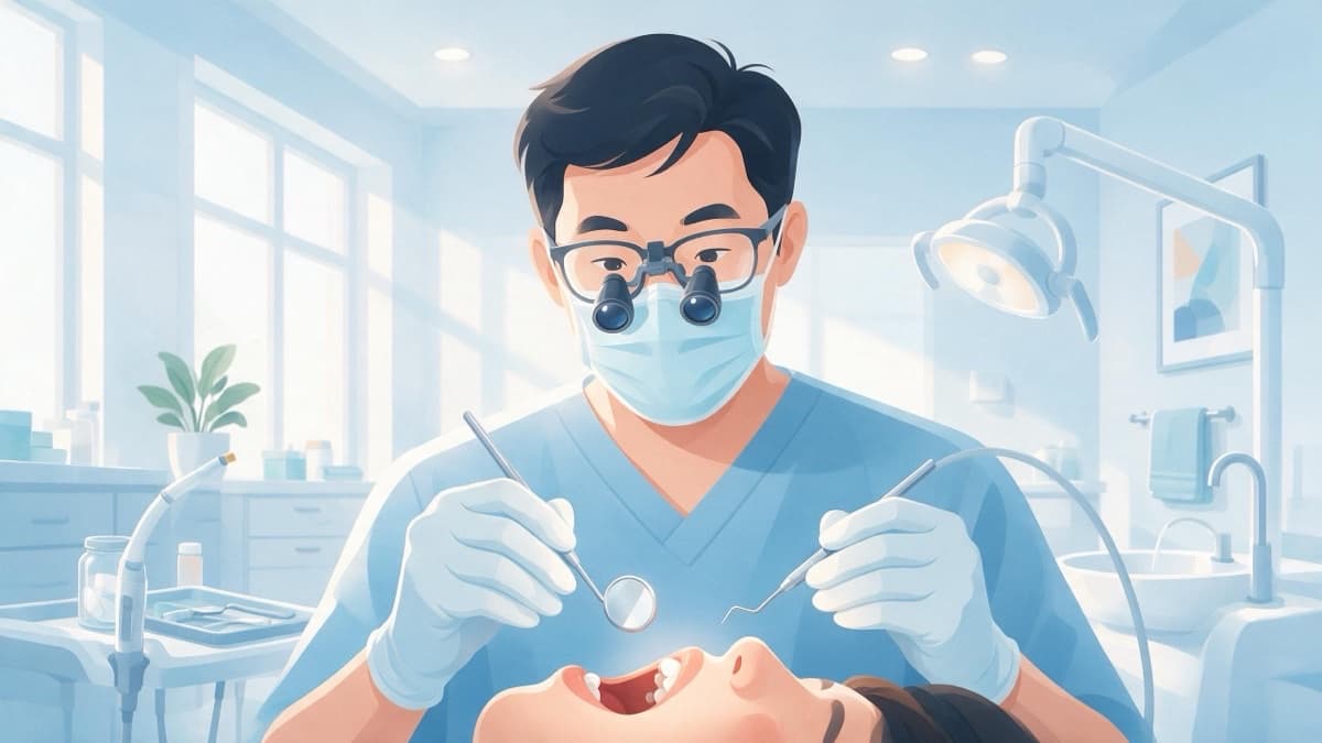 Flat lay of dental instruments and loupes
