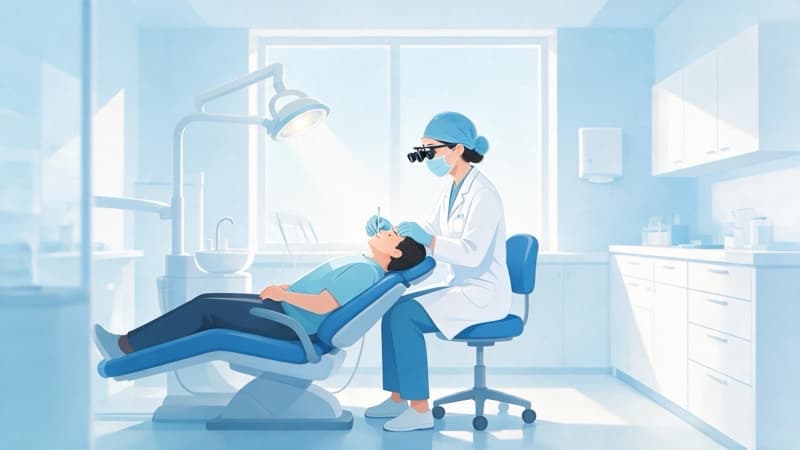 Correct sitting posture: with loupes, a dentist works with back straight and head slightly tilted