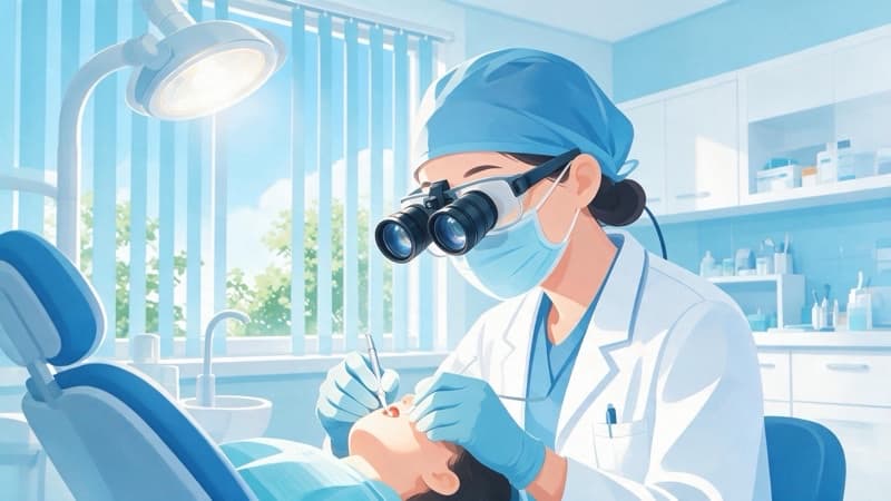 A dentist operating while wearing dental loupes